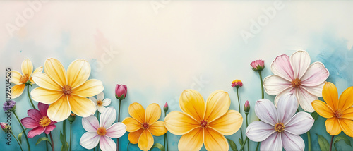 Artistic banner of colorful spring flowers on a painterly pastel background with copy space