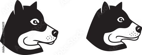Two black and white dog heads with whiskers in a sketched style dogs