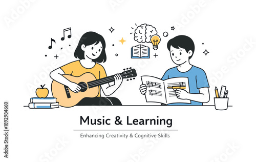 Creative Musical Learning. Music and learning. A student playing a musical instrument while another follows sheet music, highlighting cognitive benefits of