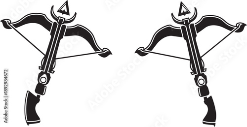 Two Black and White Sketched Crossbows with Axes Attached