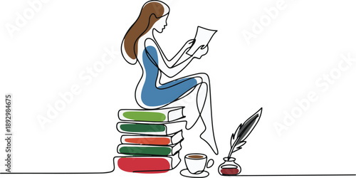 Continuous Line Art of a Woman Reading on a Stack of Books
