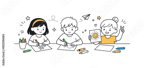 Creative Kids Drawing. Kids drawing. Children sitting at a table drawing with crayons and paper, calm focus and playful gestures. Feeling of creativity, joy,