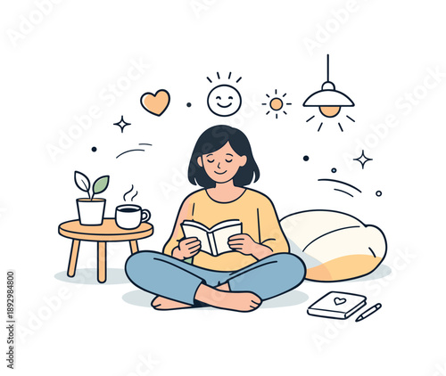Peaceful Reflection Moment. Gentle reflection. Person sitting in a comfortable space with warm light, reading or reflecting on positive thoughts, symbolizing