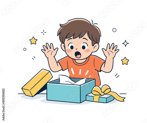Joyful Gift Surprise. Kids opening presents surprise. Child reacting to a gift with wide eyes and raised hands. Pure curiosity and gentle excitement captured