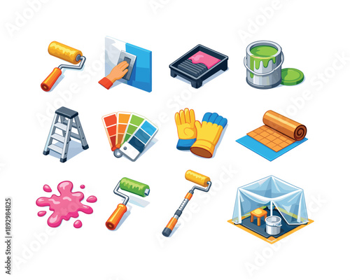 Colorful Painting Tools Icons. Interior painting. Colorful isometric vector icons set of interior painting: paint roller, smooth wall finish, paint tray, open
