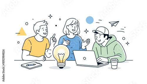 Innovative Team Collaboration. Startup concept. A small team launching a new idea, gathered around a light bulb and laptop, sharing enthusiasm and focus.