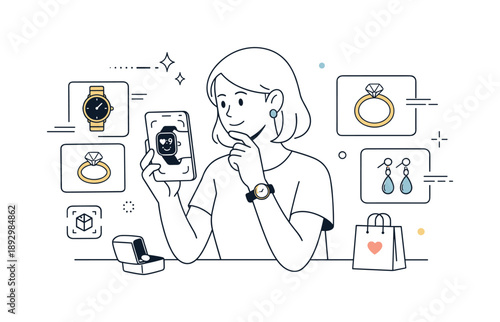 Virtual Accessory Fitting. Digital accessory fitting. A user tries virtual watches and jewelry using an AR app before buying. Thoughtful choice, modern retail