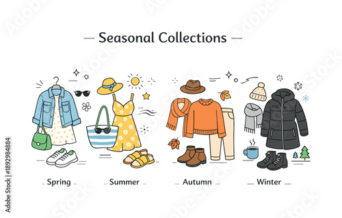 Seasonal Fashion Spread. Seasonal collections overview. A clean editorial scene with clothing and accessories grouped by season, neatly arranged. The