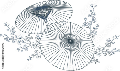 Two parasols with floral branches umbrella paper umbrella Asian umbrella