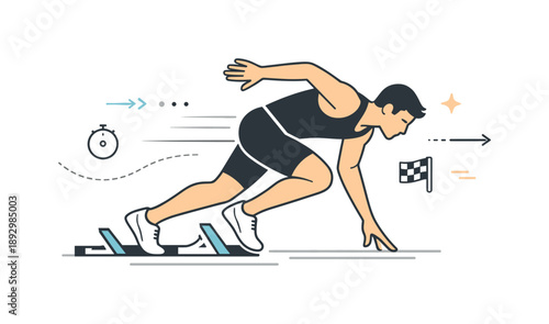 Athletic Sprint Start. Running competition. A sprinter leaning forward at the start of a race, subtle abstract motion lines showing speed and energy. Calm