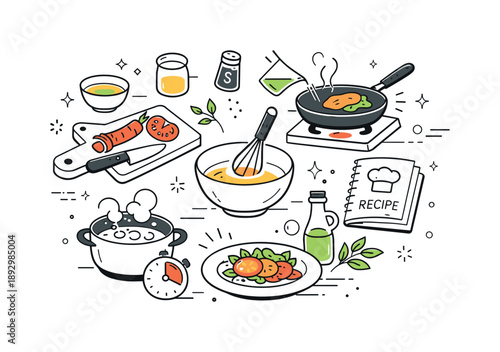 Modern Recipe Illustration. Recipe step abstract concept. An editorial composition combining utensils, ingredients, and cooking actions in a clean, modern