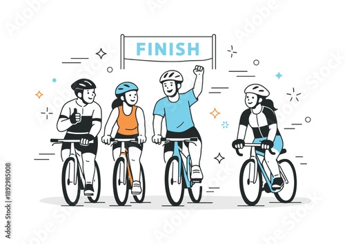 Cycling Group Finished. Bike riding group finish. Group slowing down and smiling after a ride. Sense of achievement and positive shared experience. Minimalist
