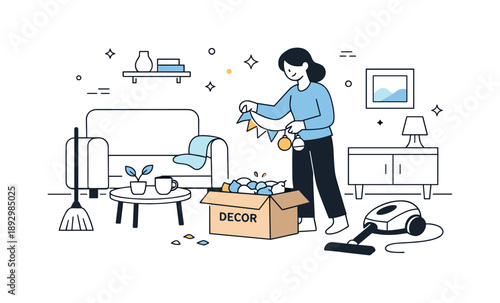 Fresh Minimalist Renewal. Returning to normal routine. Clearing the last festive details from a cozy space, quiet satisfaction and freshness. Airy interior