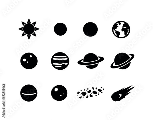 Solar System Icons. Solar system. Solid icon set of solar system: Sun, Mercury, Venus, Earth, Mars, Jupiter, Saturn, Uranus, Neptune, dwarf planet, asteroid
