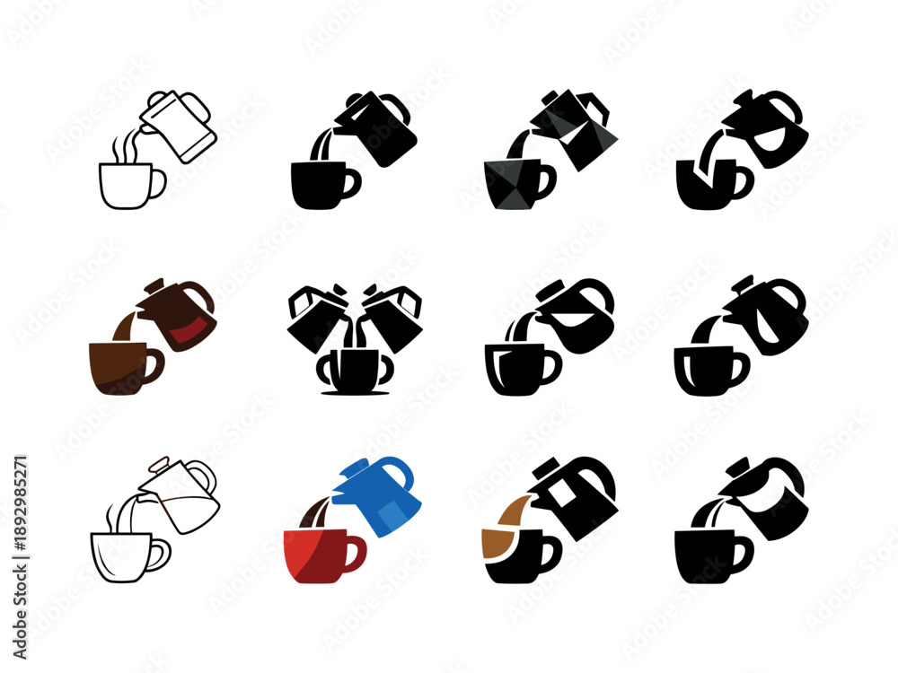 Fototapeta premium Coffee Pouring Icons. Pouring coffee into a mug. Icon set. Set Logo of pouring coffee into a mug: steaming coffee stream from pot into cup. harmonious logo