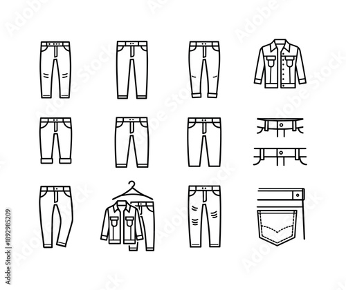 Modern Denim Icons. Modern Denim Fashion. Line icon set of Modern Denim Fashion: slim fit faded jeans, modern cut denim, tapered jeans silhouette, contemporary