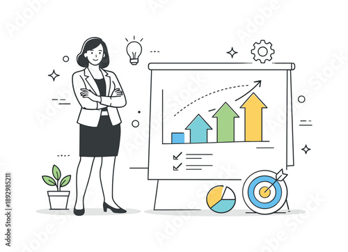 Confident Leadership Illustration. Female Business Leadership. A confident woman standing beside a simple chart with upward arrows and abstract shapes. The
