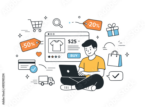 Ecommerce Shopping Journey. Ecommerce workflow illustration. Minimal person browsing a website with shopping icons, discount tags, and carts floating around,