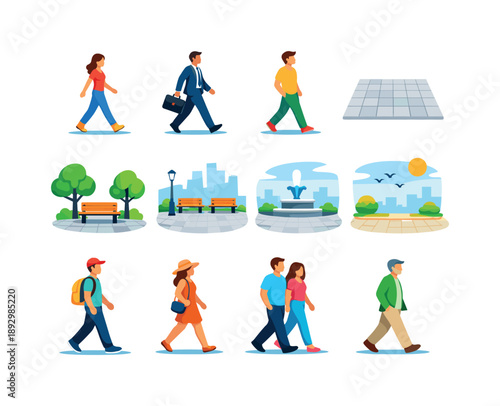 Urban Stroll Icons. Everyday city walk. Colorful flat vector icons set of everyday city walk: daily stroll, commuter walking, relaxed pace, paved square grid,
