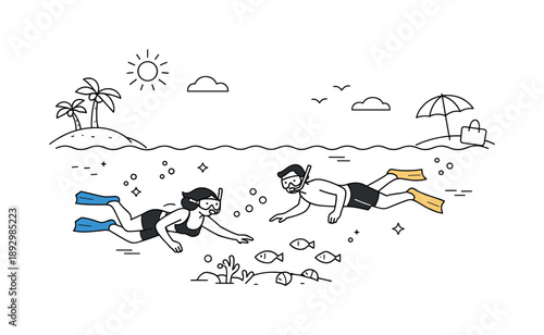 Snorkeling Adventure Bliss. People snorkeling vacation. Travelers enjoying snorkeling near the shore with fins and masks. Leisure, freedom, and summer holiday