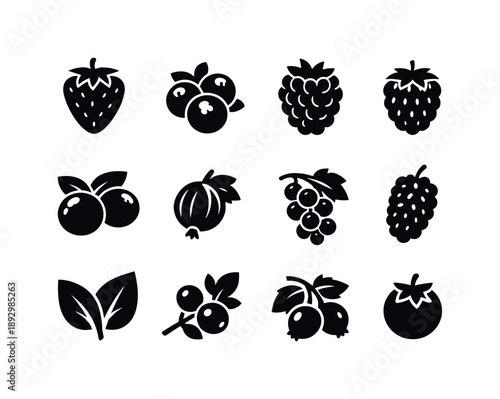 Black Berries Icons. Berries. Solid icon set of berries: strawberry, blueberry cluster, raspberry, blackberry, cranberry, gooseberry, currant