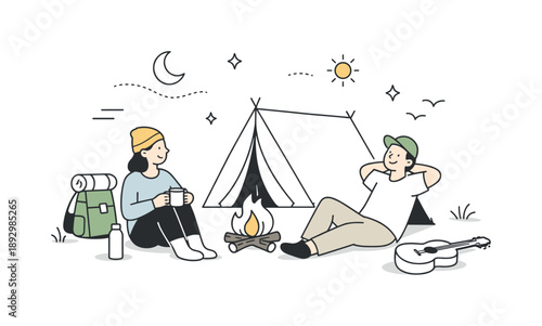 Serene Camping Escape. Outdoor camping moment. Campers resting by a tent with simple gear and a small fire. Peaceful atmosphere and slow living in a clean