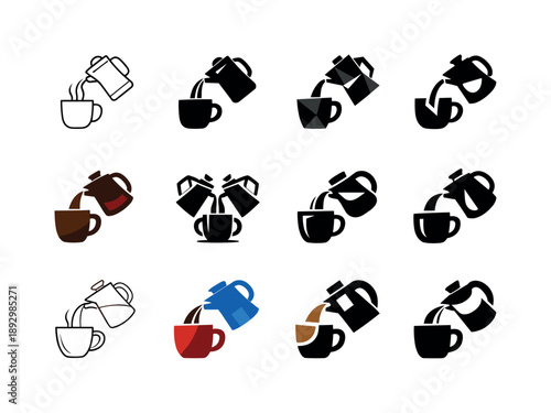 Coffee Pouring Icons. Pouring coffee into a mug. Icon set. Set Logo of pouring coffee into a mug: steaming coffee stream from pot into cup. harmonious logo