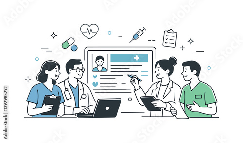 Collaborative Healthcare Teamwork. Healthcare teamwork illustration. Doctors and nurses calmly collaborating around a digital patient chart, exchanging