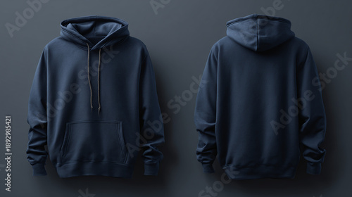 Navy blue hoodie sweatshirt mockup template featuring front and back views on a dark grey background