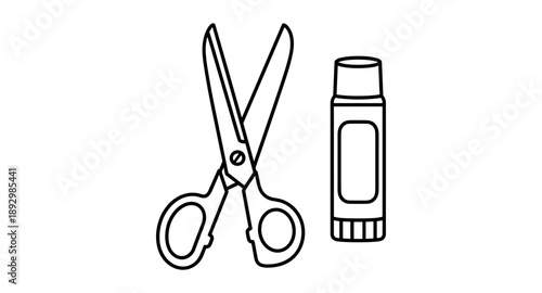 Simple line art illustration of scissors and a glue stick on a white background