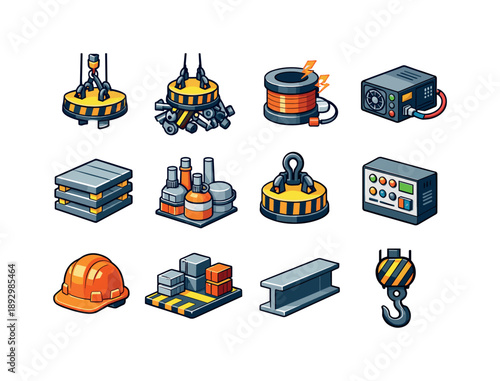 Industrial Magnet Icons. Industrial Magnet. Colorful isometric vector icons set of Industrial Magnet: crane lifting magnet, scrap metal magnet, electromagnetic