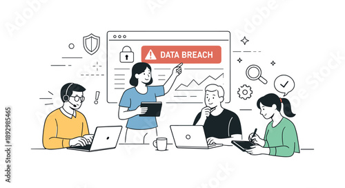 Coordinated Cyber Defense. Incident response scene. A team of IT specialists coordinating to contain a data breach, using laptops, tablets, and digital