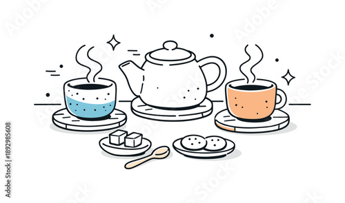 Minimalist Ceramic Tea Set. Handmade ceramic cups. A tea table set for two with irregular cups, steam rising gently above. Friendly, slow lifestyle captured