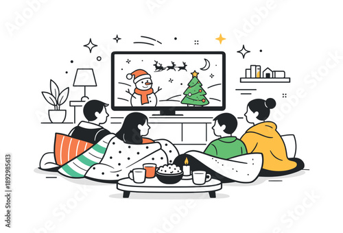 Cozy Holiday Gathering. Group watching holiday TV special living room. People gathered with blankets and pillows, focused on the screen. Warm comfort and