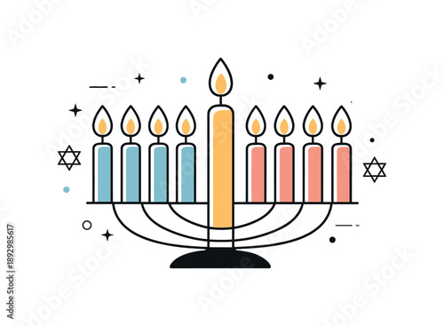 Serene Hanukkah Candles. Abstract Hanukkah candle concept. Simplified candle shapes and gentle flames forming a symbolic festive composition. The mood feels
