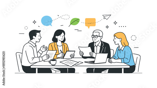 Collaborative Business Meeting. Business meeting. Professionals sitting around a table, exchanging ideas and documents in a calm and focused discussion. Clear