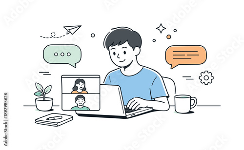 Modern Remote Workspace. Modern workspace remote work. Individual working on a laptop with video call window and chat bubbles visible. Calm concentration and