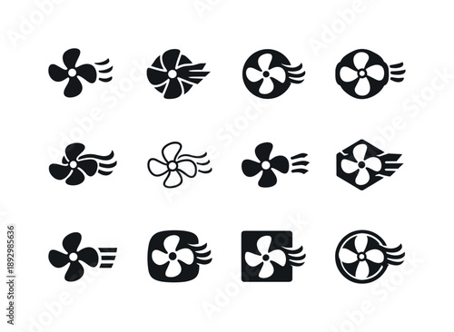 Fan Logo Variations. Turning on a fan. Icon set. Set Logo of turning on a fan: airflow activation symbol. harmonious logo variations of the same emblematic