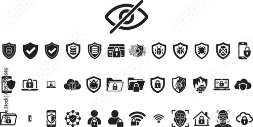 Black cybersecurity and privacy protection vector icon set featuring hidden eye, secure shield, lock, data security, access control and digital safety symbols