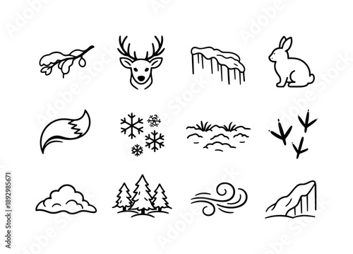 Winter Animal Icons. Snowy landscapes with animals in winter habitats. Line icon set of snowy landscapes with animals in winter habitats: snow-laden branch,