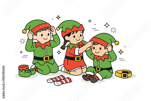 Festive Elf Dress-Up. Children dressing as elves. Kids wearing elf hats and costumes, smiling and adjusting outfits together. Playful preparation and festive