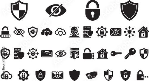 Black security and privacy vector icon set with shield, lock, password, cloud protection, cybersecurity, data safety, access control symbols isolated on white background