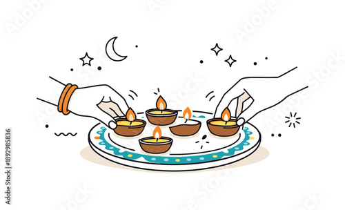 Lighting Festive Diyas. Lighting diyas ritual. Hands gently placing lit diyas on a decorative plate, showing preparation for the festival of lights. Calm,