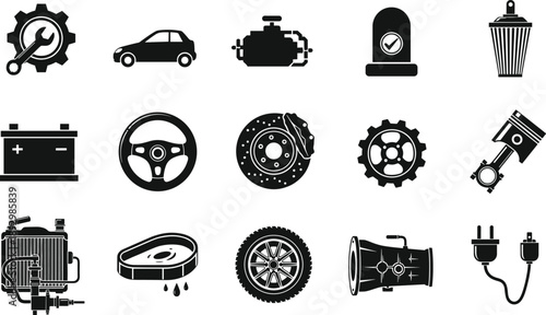 Automotive, parts, icons, illustration, set, car, engine, maintenance, repair, service, tools, mechanics, vehicle, components, transportation, workshop, symbols, isolated, white, background
