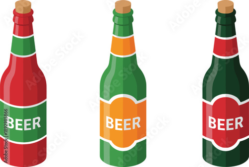 Beer, bottles, illustration, set, alcohol, drink, beverage, brewery, glass, label, lager, ale, pub, bar, party, refreshment, design, isolated, white, background