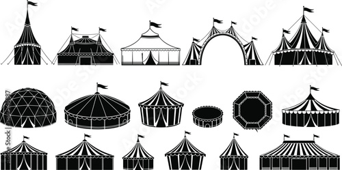 Circus, tent, silhouettes, illustration, set, carnival, festival, fair, pavilion, marquee, entertainment, event, amusement, big, top, show, symbols, isolated, white, background
