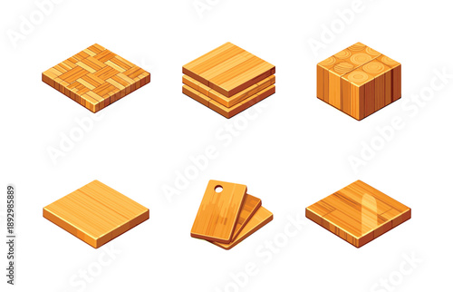 Bamboo Texture Icons Grid. Bamboo Texture. Isometric flat vector icons set of Bamboo Texture: bamboo strip pattern, laminated bamboo layers, end-grain texture