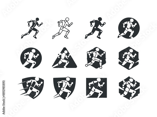 Biomechanics Logo Variations. Biomechanics in sports and human performance. Icon set. Set Logo of Biomechanics in sports and human performance: motion capture