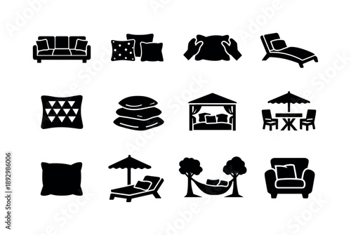 Outdoor Pillow Icons. Outdoor pillow styling. Solid icon set of outdoor pillow styling: patio sofa, decorative cushions, arranging hands, lounge chair,