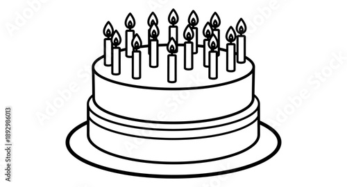 Simple line art illustration of a two-tiered birthday cake with lit candles